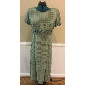 Vintage Sarah Elizabeth Dress 16 Modest Tie Back Embroidered Midi Green Prairie